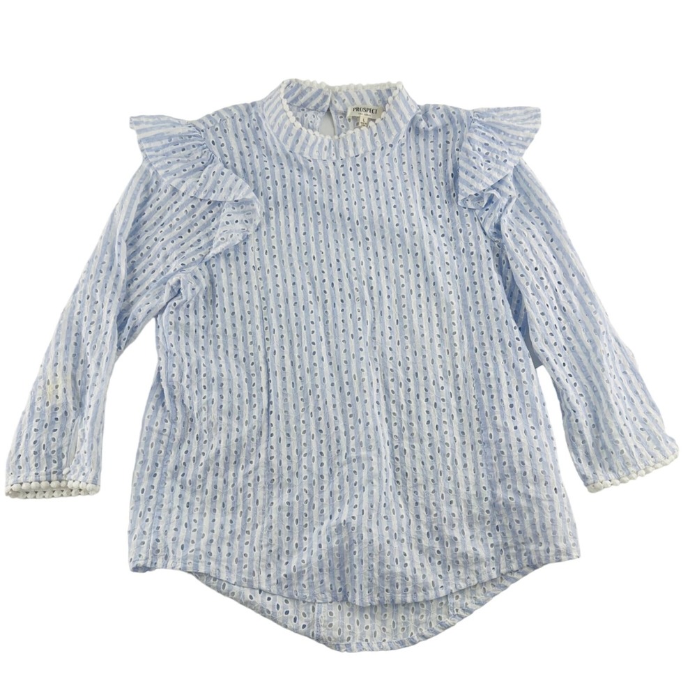 Prospect the Label Eyelet Top Size Large Blouse Long‎ Sleeve Blue Ruffle